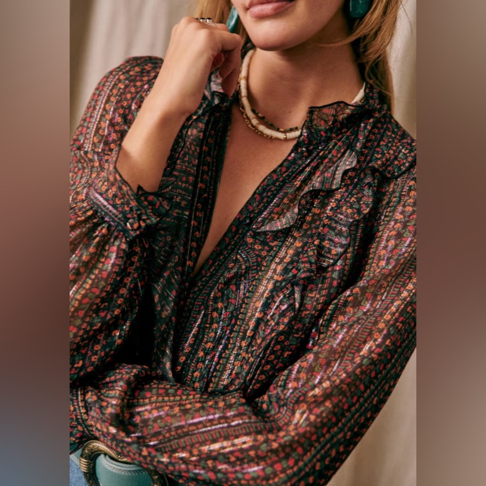 Sezane Black Floral Ruffled Wrap Blouse - Picture 2 of 12